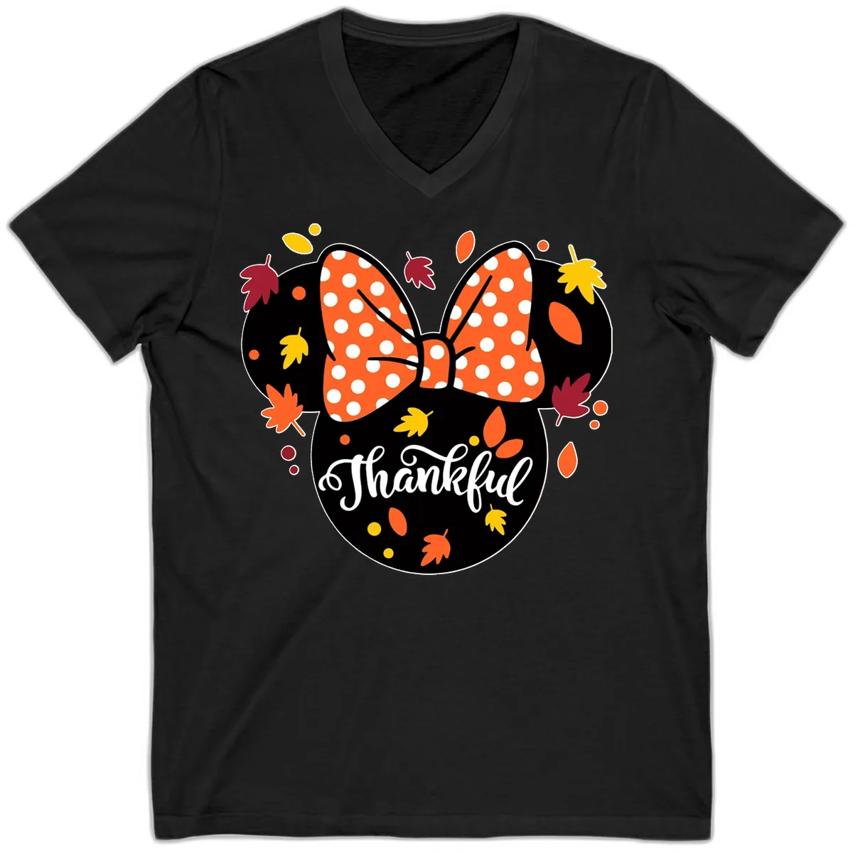 Minnie Thankful Fall Leaves V-Neck in Black
