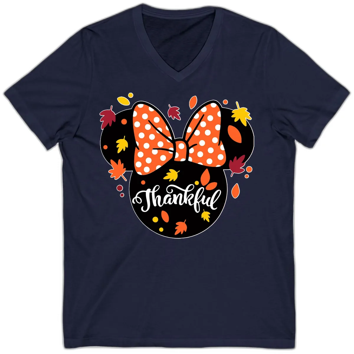 Minnie Thankful Fall Leaves V-Neck in Navy