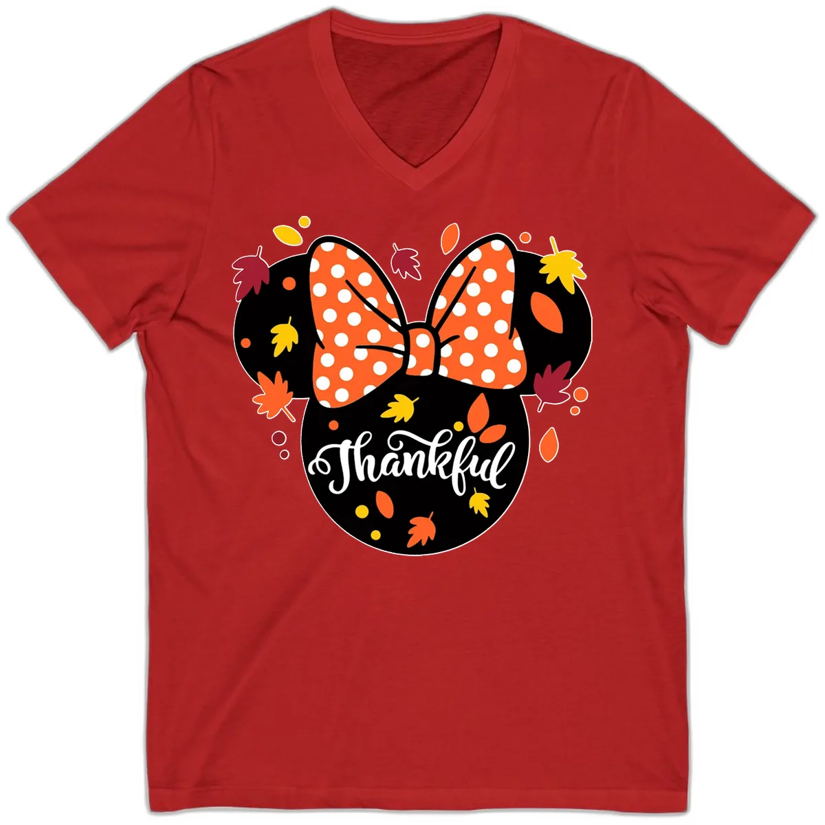 Minnie Thankful Fall Leaves V-Neck in Red