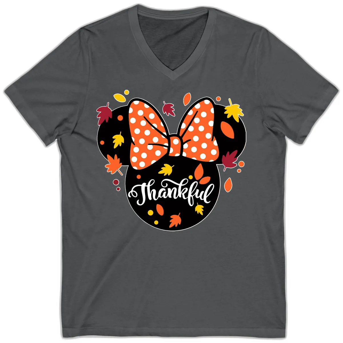 Minnie Thankful Fall Leaves V-Neck in Asphalt