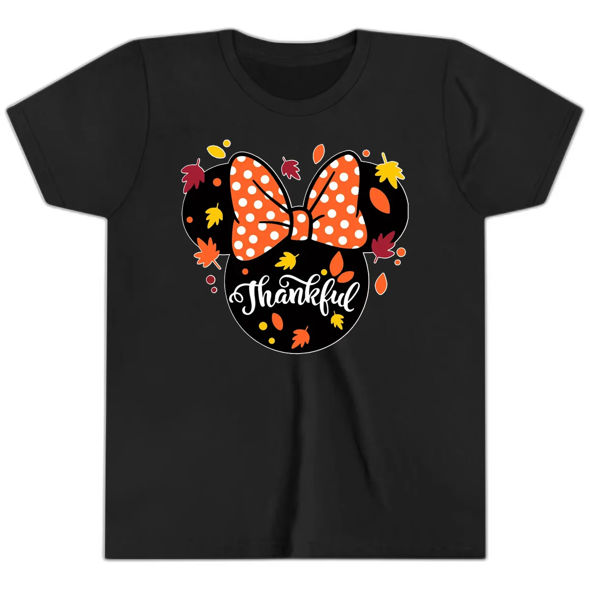 Minnie Thankful Fall Leaves Youth T-Shirt in Black
