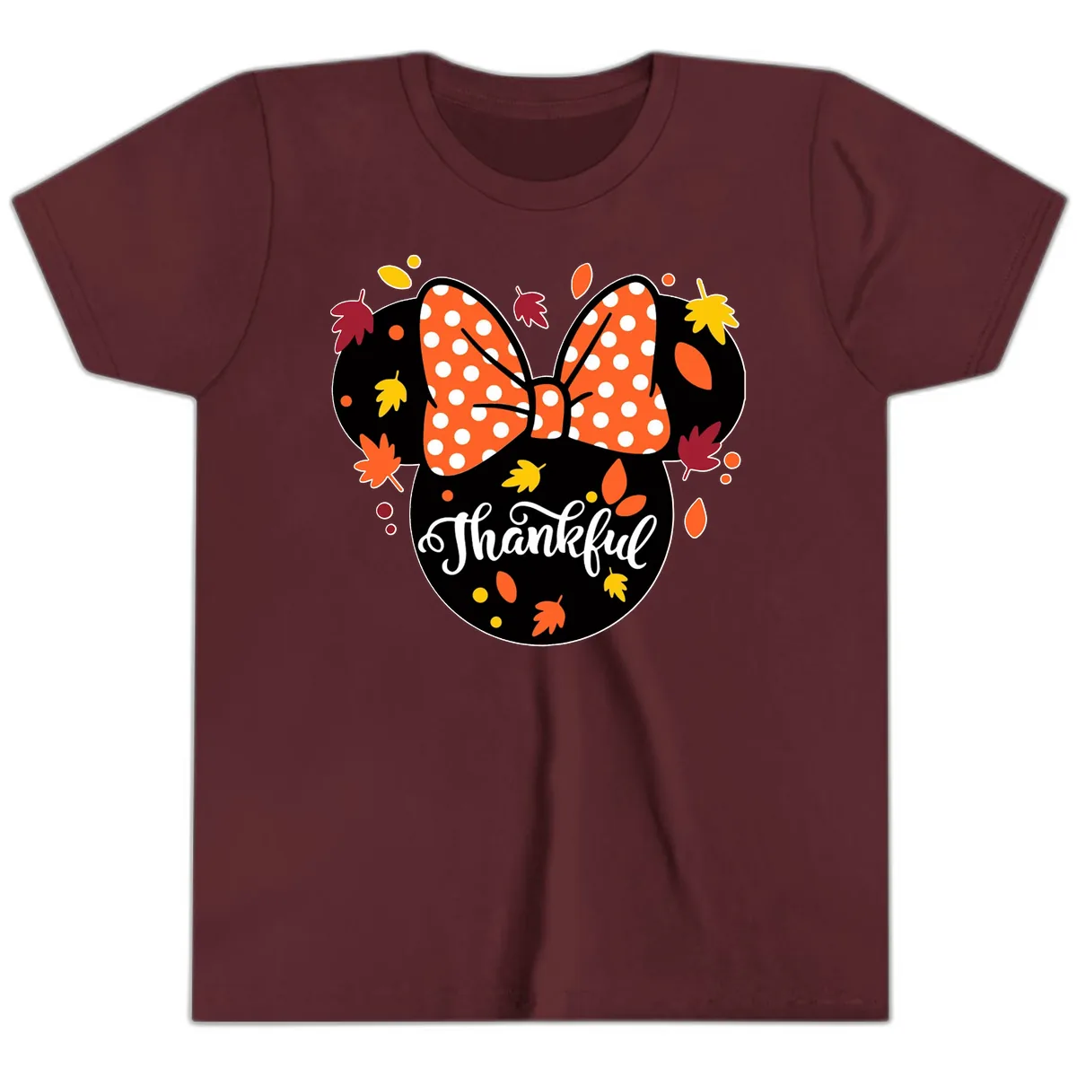 Minnie Thankful Fall Leaves Youth T-Shirt in Maroon