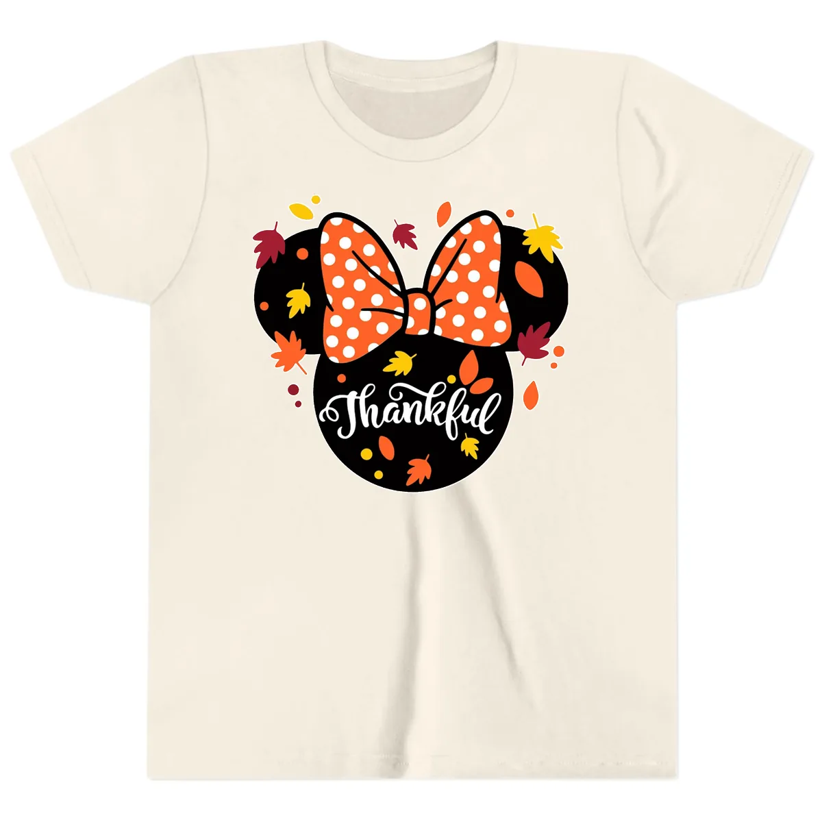 Minnie Thankful Fall Leaves Youth T-Shirt in Natural