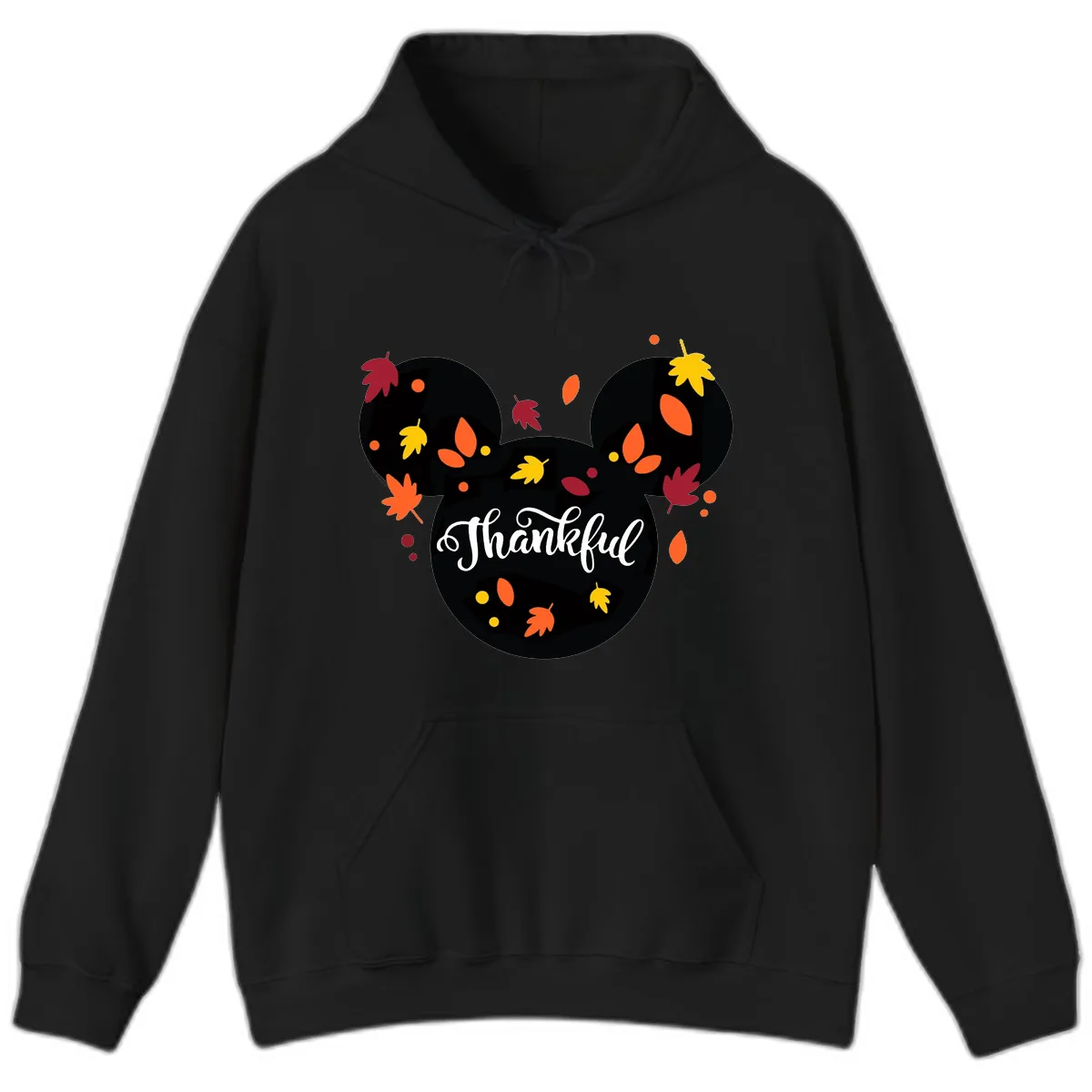 Mickey Thankful Fall Leaves Design Hoodie in Black