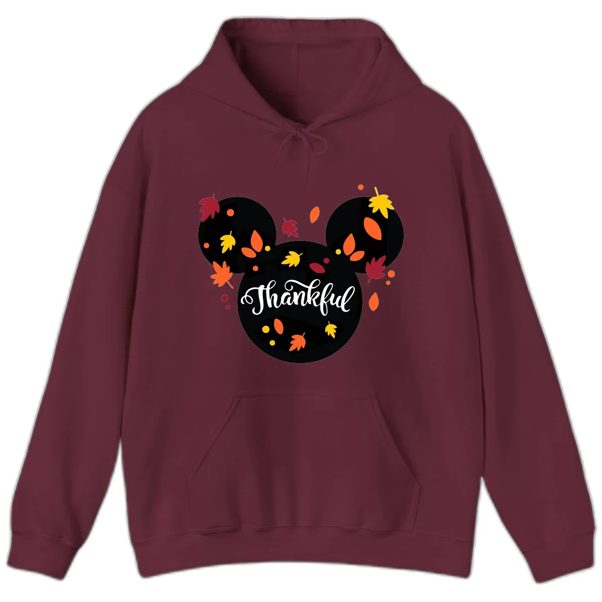 Mickey Thankful Fall Leaves Design Hoodie in Maroon