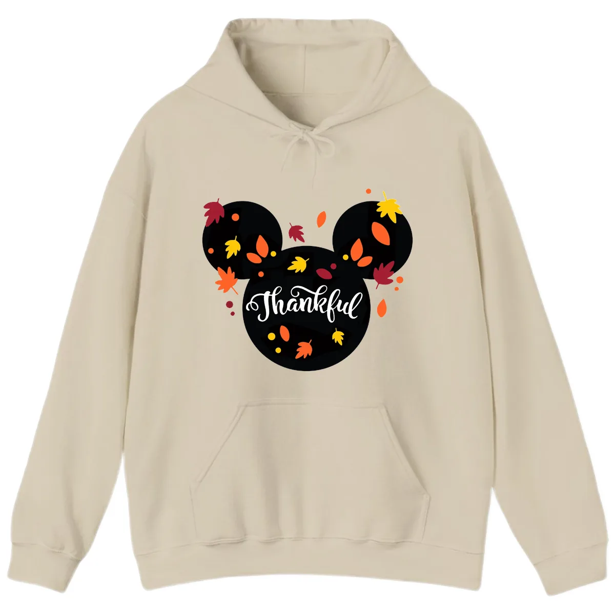 Mickey Thankful Fall Leaves Design Hoodie in Sand