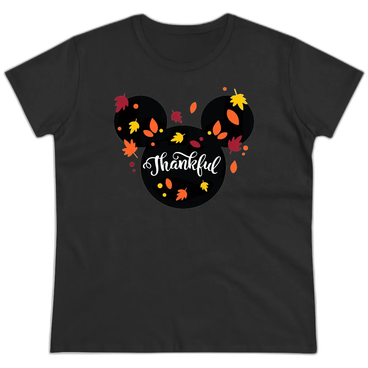 Mickey Thankful Fall Leaves Design Ladies Tee in Black