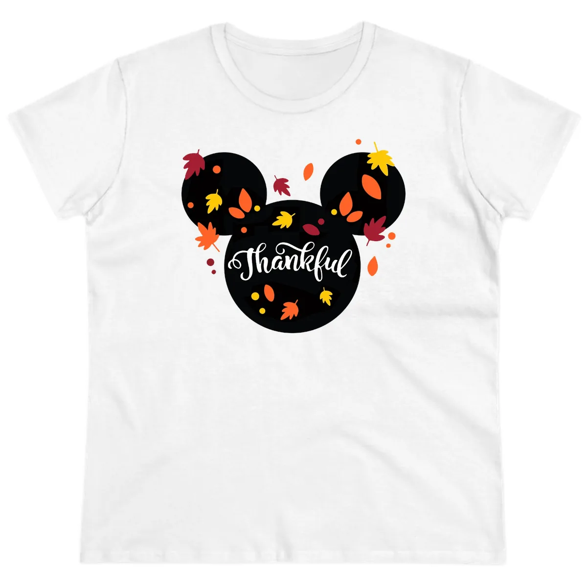 Mickey Thankful Fall Leaves Design Ladies Tee in White