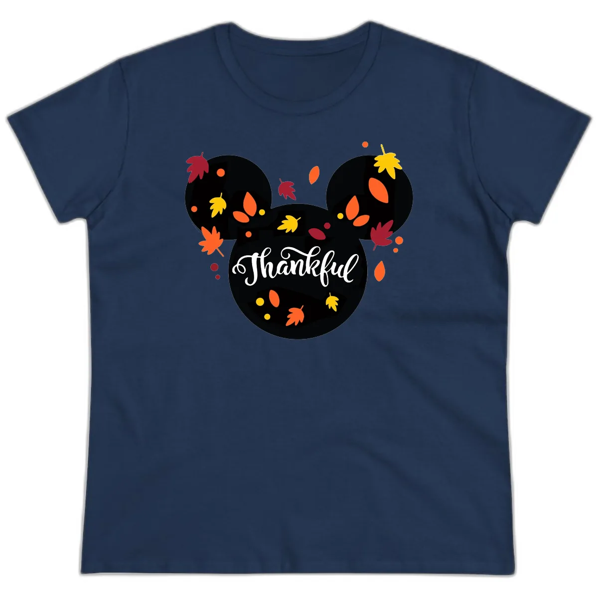 Mickey Thankful Fall Leaves Design Ladies Tee in Navy