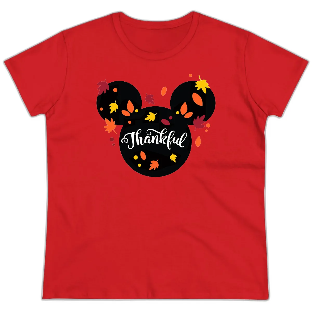 Mickey Thankful Fall Leaves Design Ladies Tee in Red