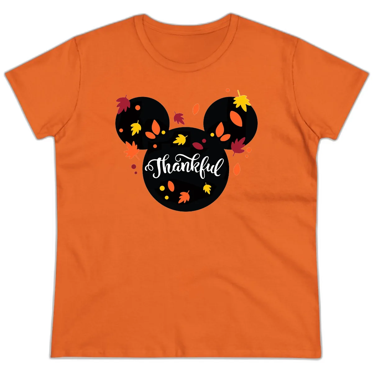 Mickey Thankful Fall Leaves Design Ladies Tee in Orange