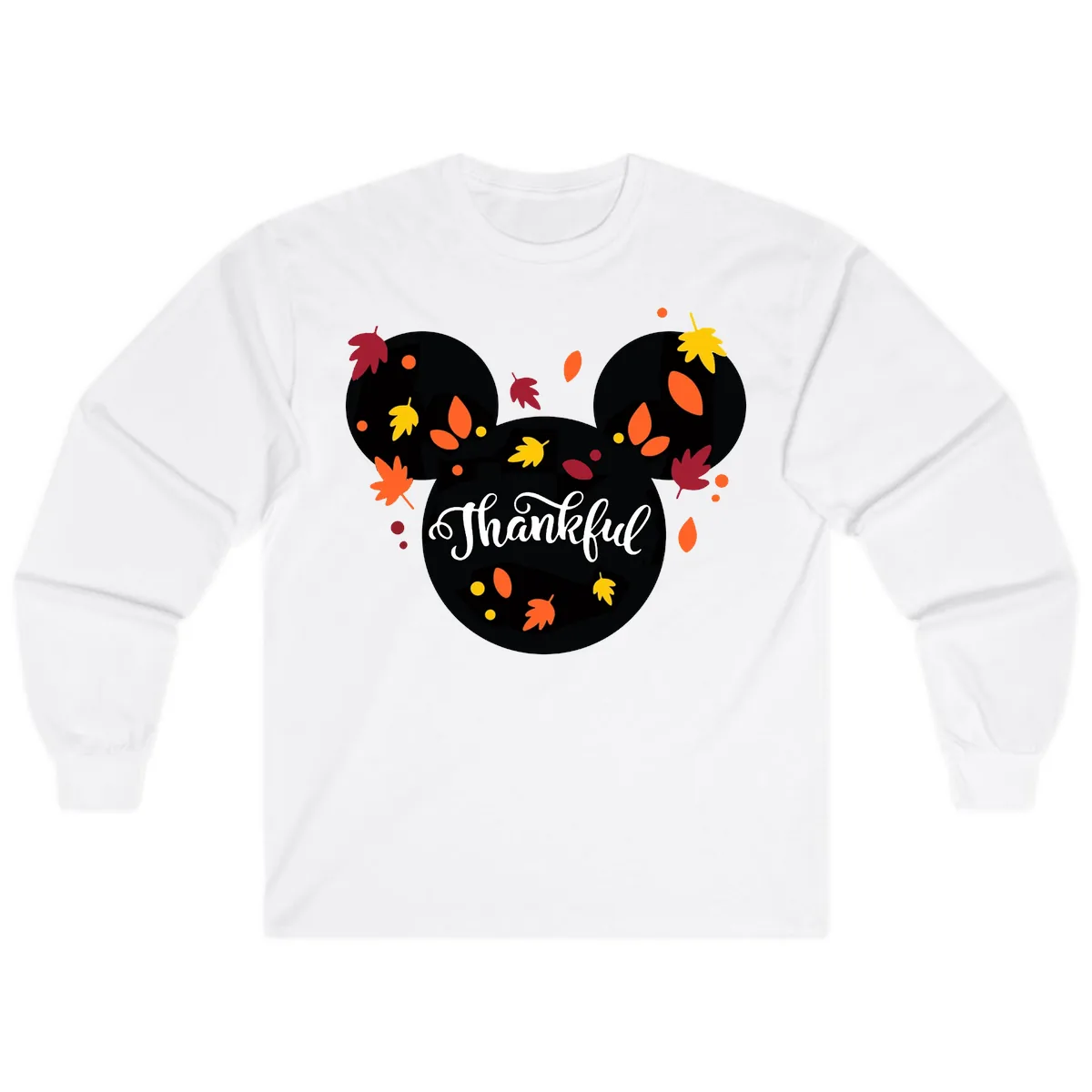 Mickey Thankful Fall Leaves Design Long Sleeve in White