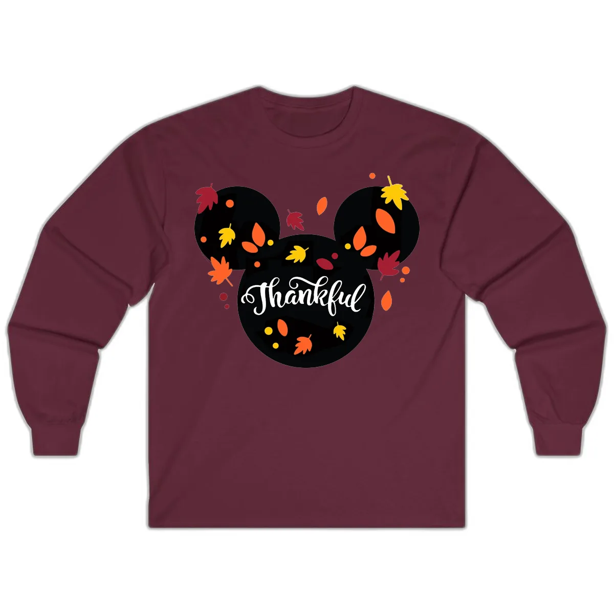 Mickey Thankful Fall Leaves Design Long Sleeve in Maroon