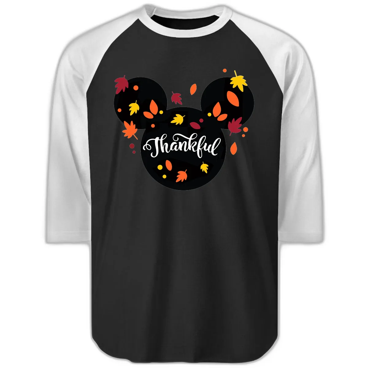 Mickey Thankful Fall Leaves Design Raglan 3/4 in Black White
