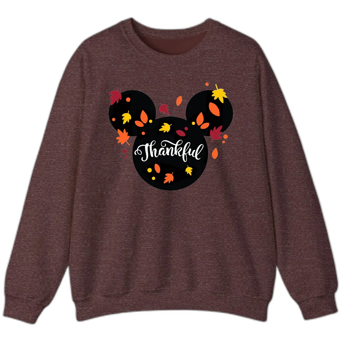 Mickey Thankful Fall Leaves Design Sweatshirt in Heather Sport Dark Maroon