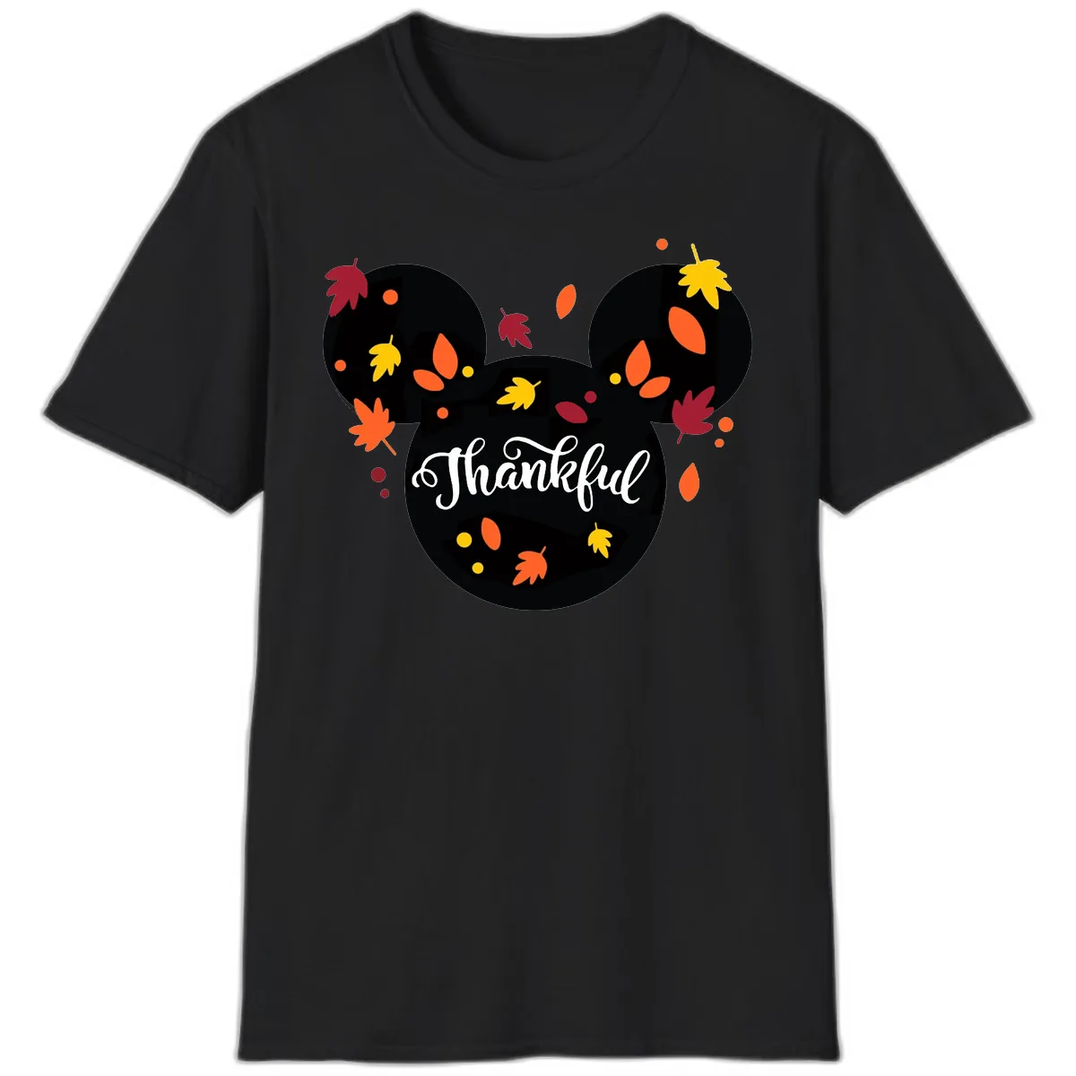 Mickey Thankful Fall Leaves Design T-Shirt in Black