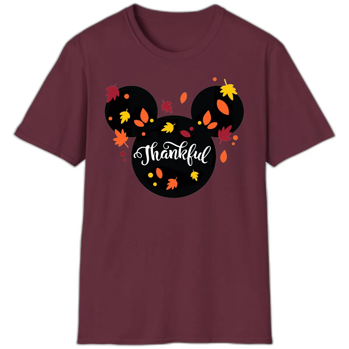 Mickey Thankful Fall Leaves Design T-Shirt in Maroon