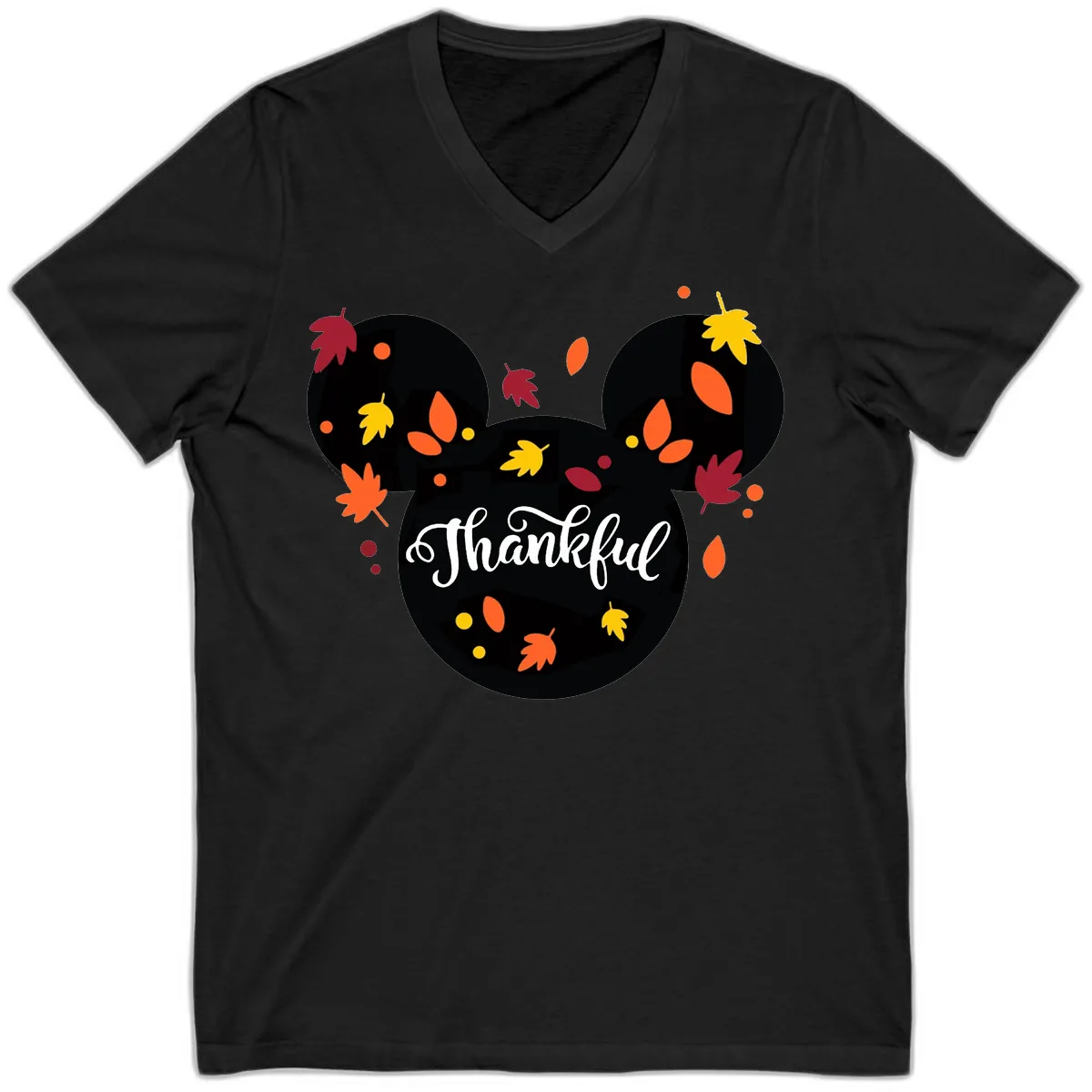 Mickey Thankful Fall Leaves Design V-Neck in Black