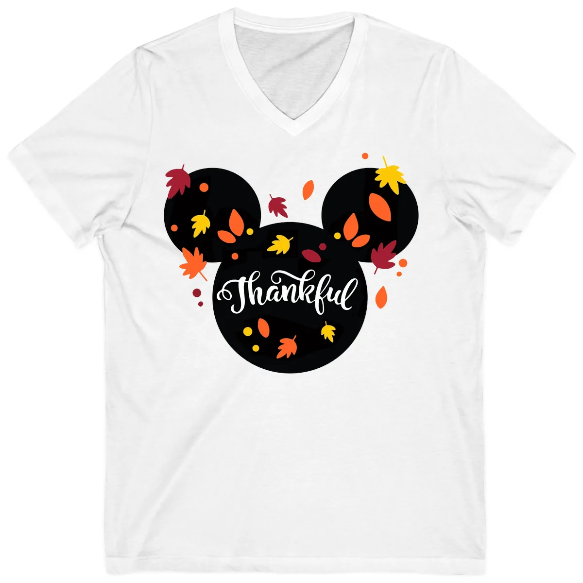 Mickey Thankful Fall Leaves Design V-Neck in White