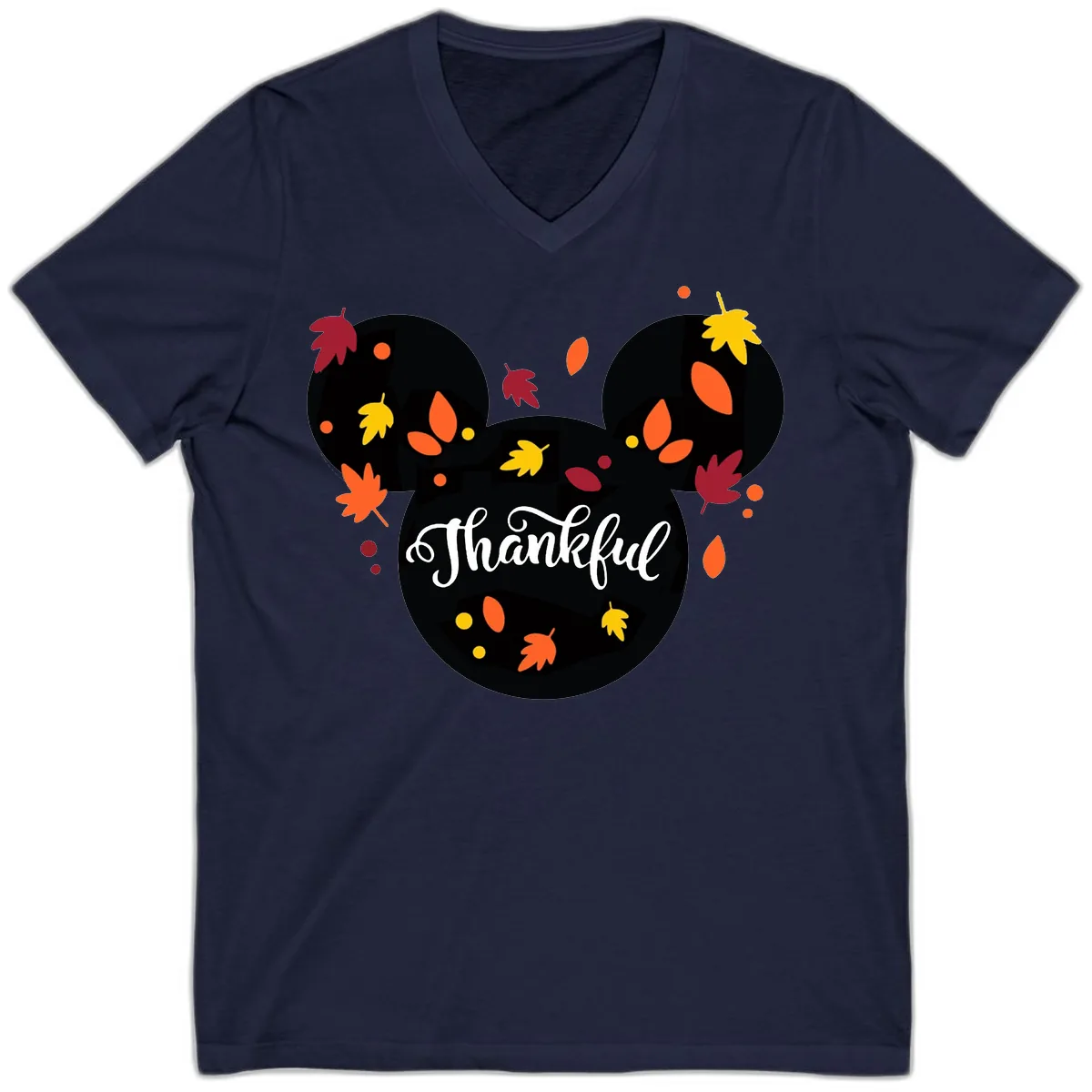 Mickey Thankful Fall Leaves Design V-Neck in Navy