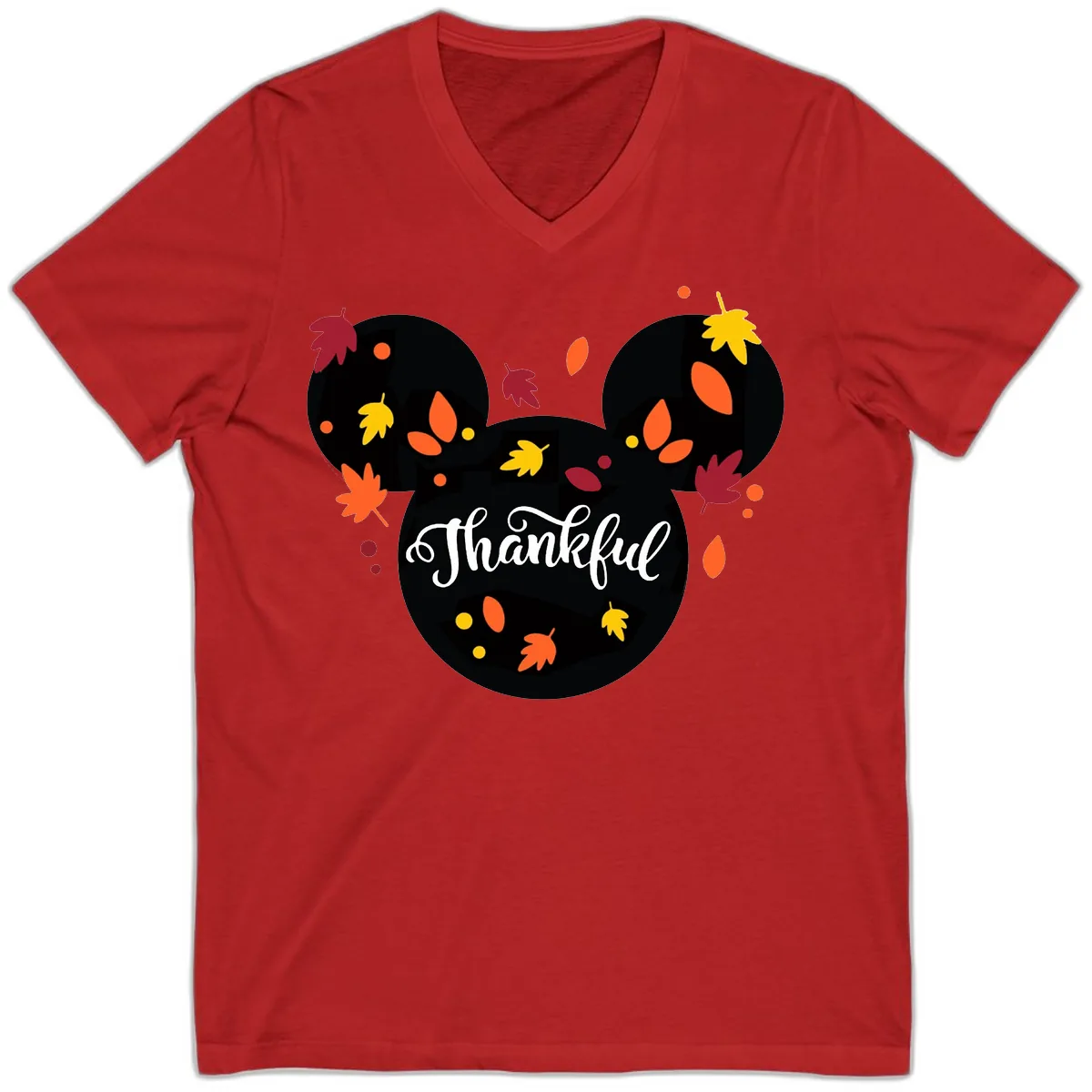 Mickey Thankful Fall Leaves Design V-Neck in Red