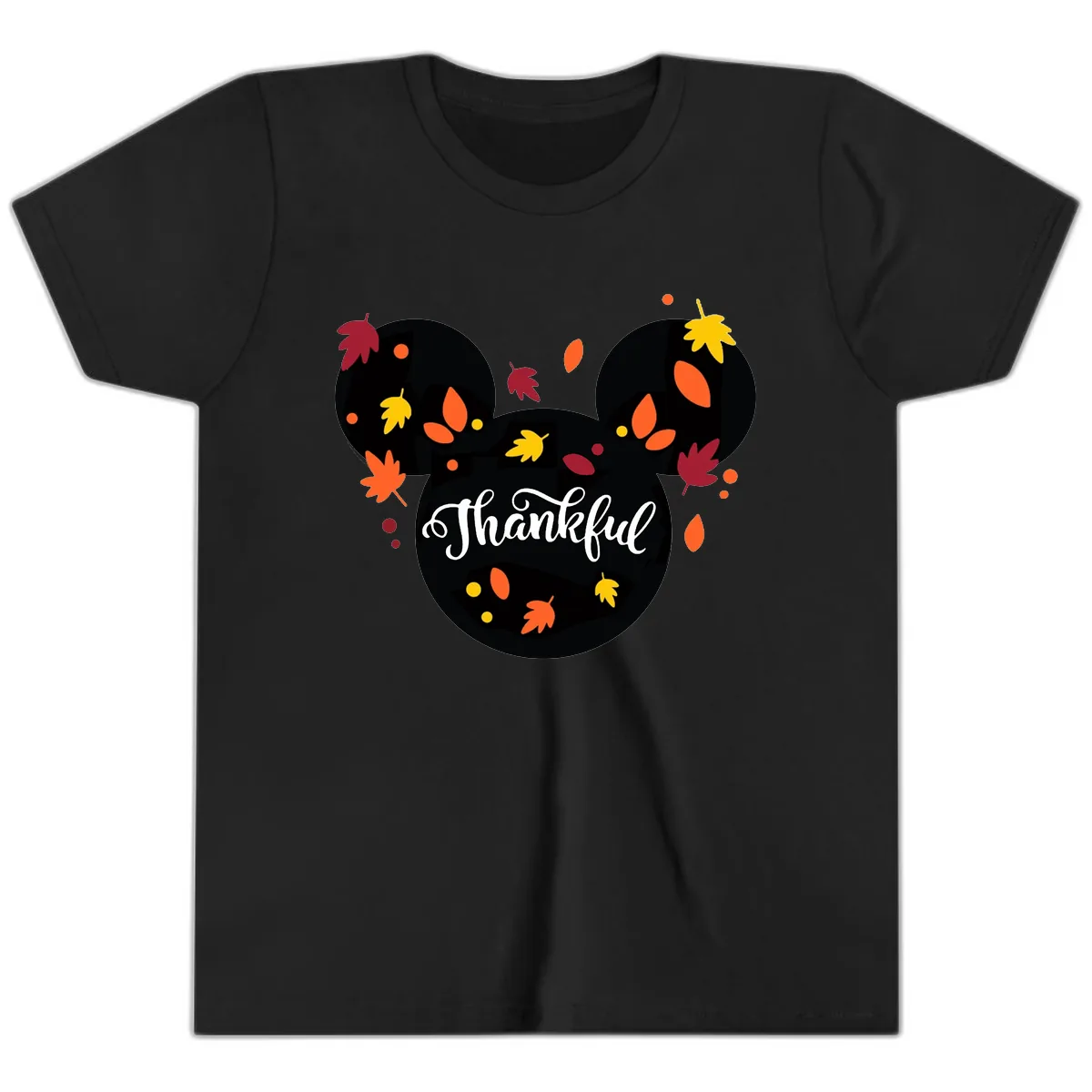 Mickey Thankful Fall Leaves Design Youth T-Shirt in Black