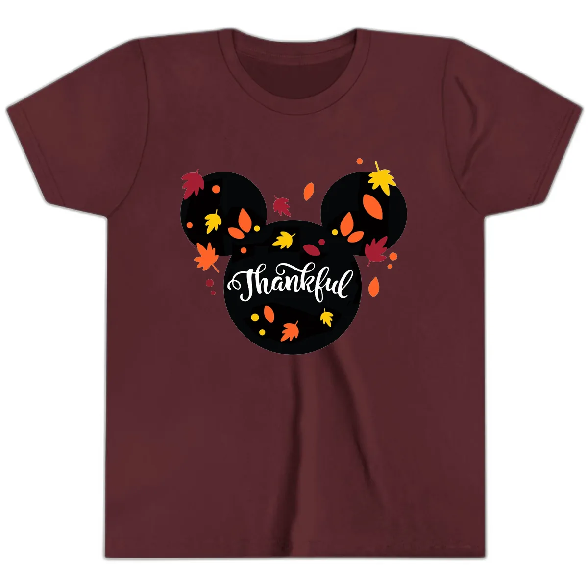 Mickey Thankful Fall Leaves Design Youth T-Shirt in Maroon