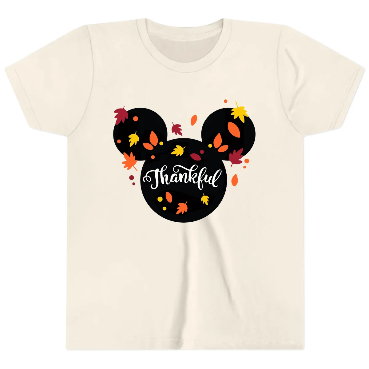 Mickey Thankful Fall Leaves Design Youth T-Shirt in Natural