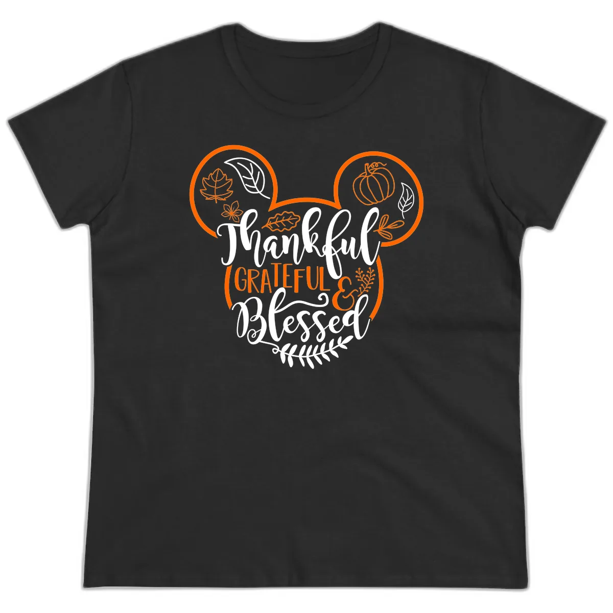 Thanksgiving Mickey Mouse Head Design Ladies Tee in Black