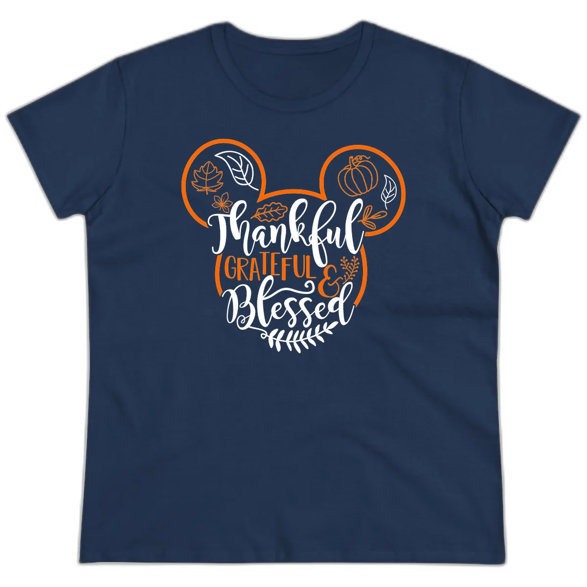 Thanksgiving Mickey Mouse Head Design Ladies Tee in Navy