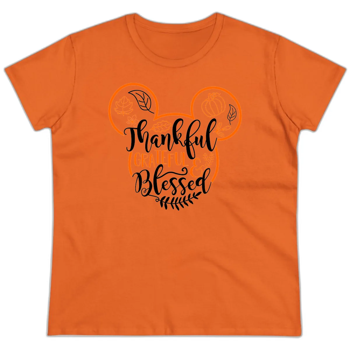 Thanksgiving Mickey Mouse Head Design Ladies Tee in Orange