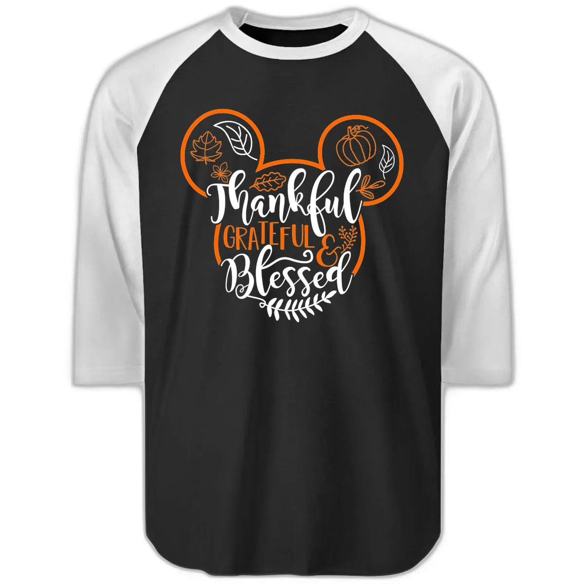 Thanksgiving Mickey Mouse Head Design Raglan 3/4 in Black White
