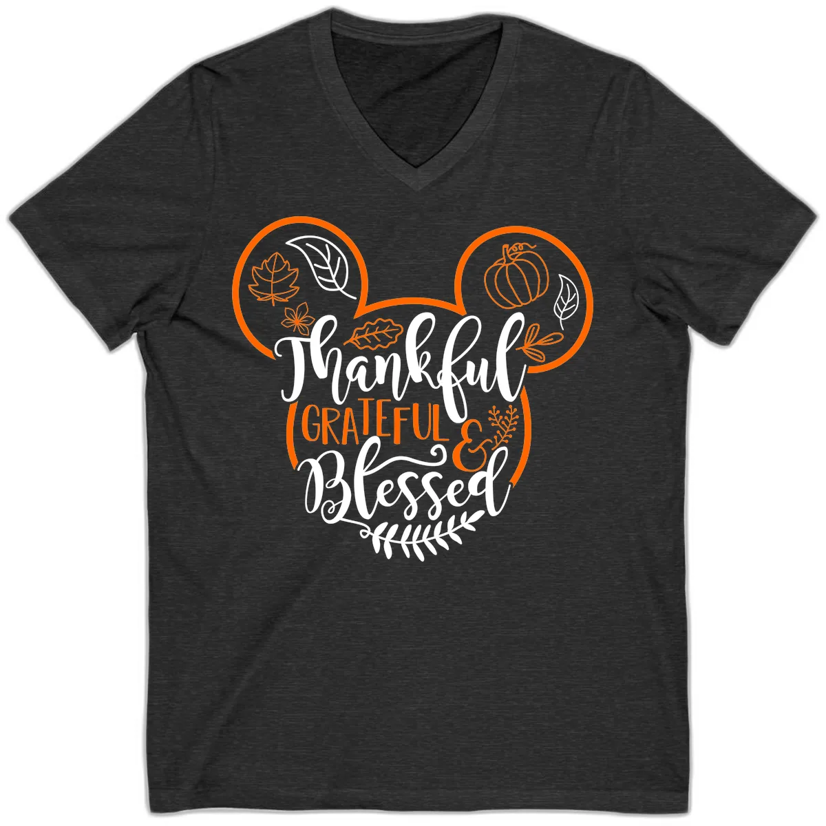 Thanksgiving Mickey Mouse Head Design V-Neck in Dark Grey Heather