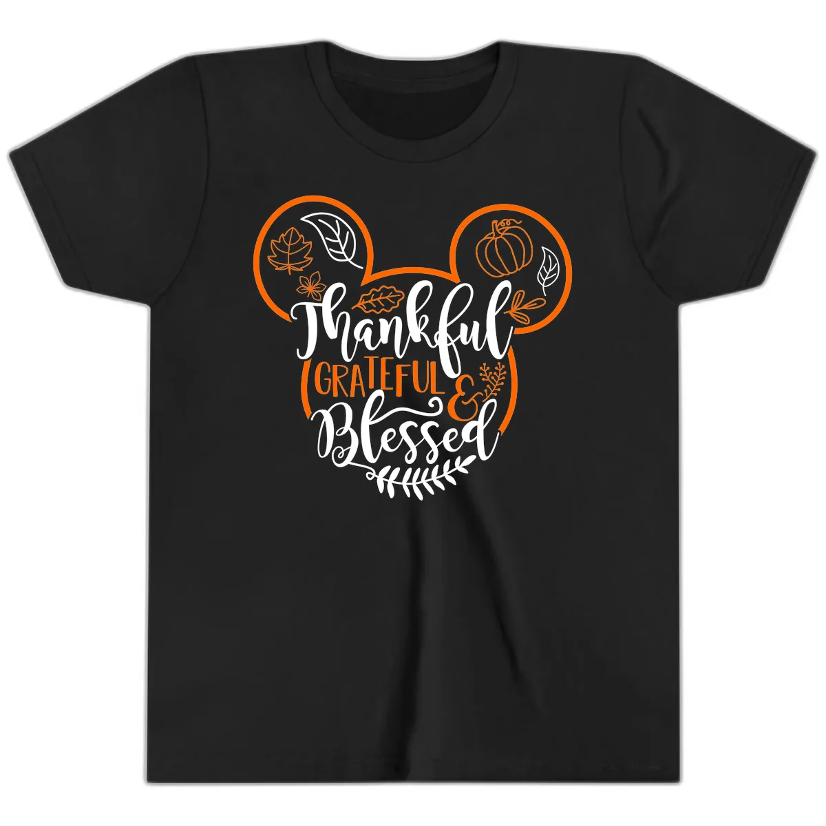 Thanksgiving Mickey Mouse Head Design Youth T-Shirt in Black