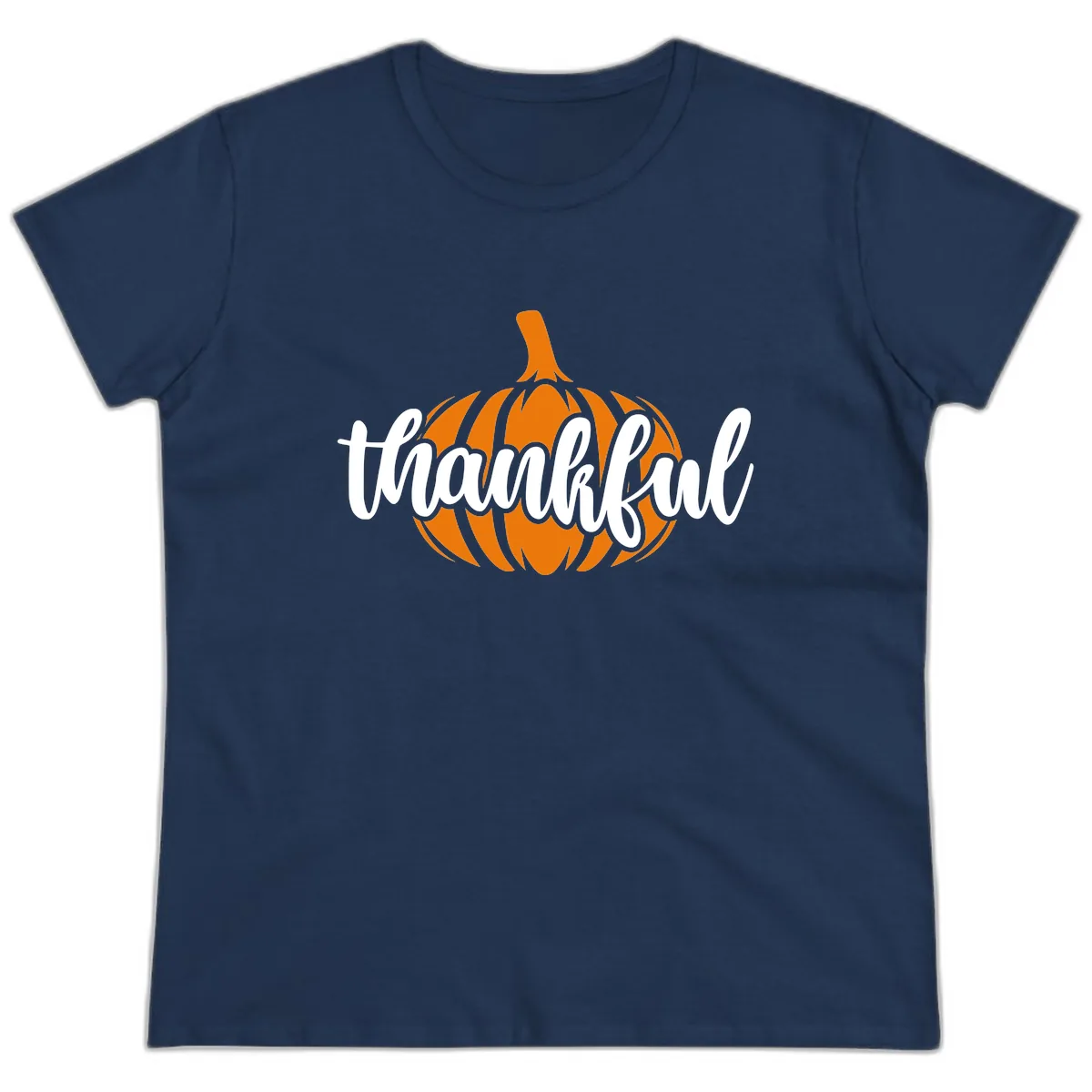 Pumpkin Patch Thankful Typography Ladies Tee in Navy