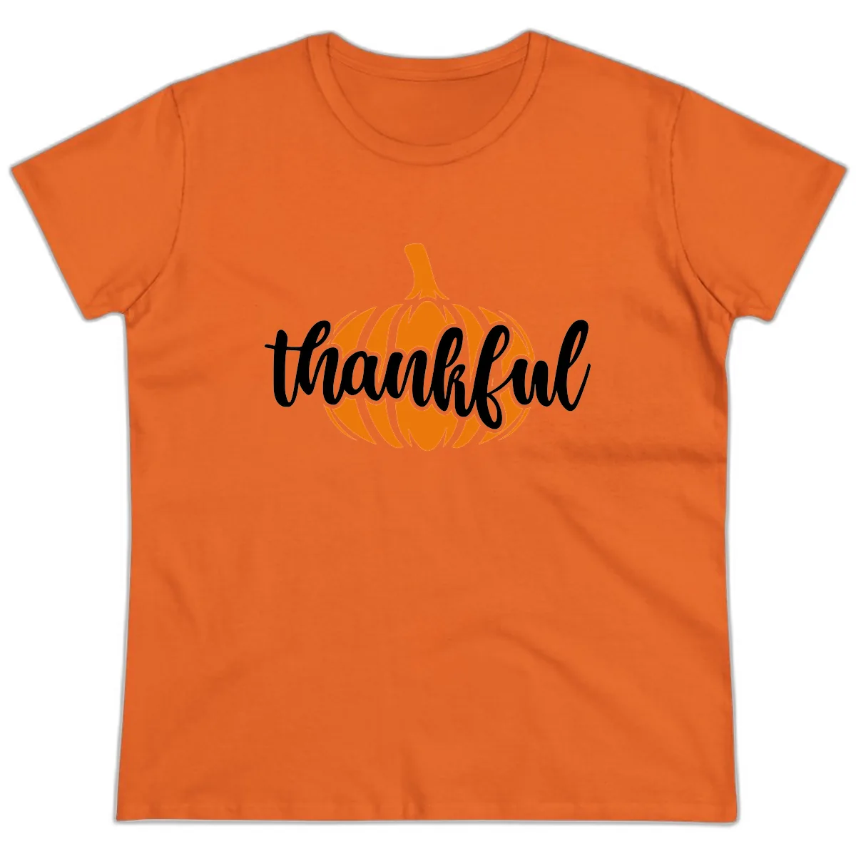 Pumpkin Patch Thankful Typography Ladies Tee in Orange