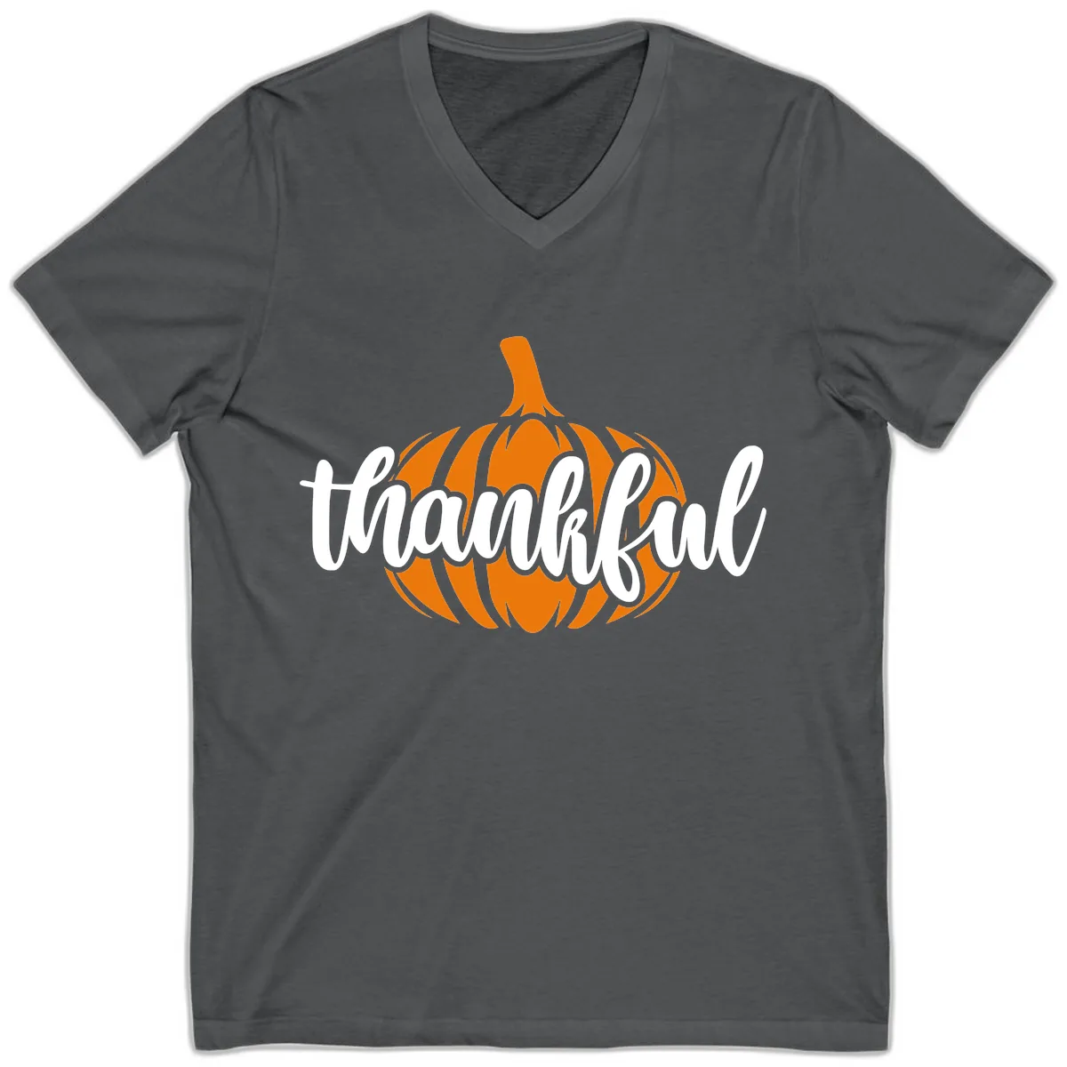 Pumpkin Patch Thankful Typography V-Neck in Asphalt