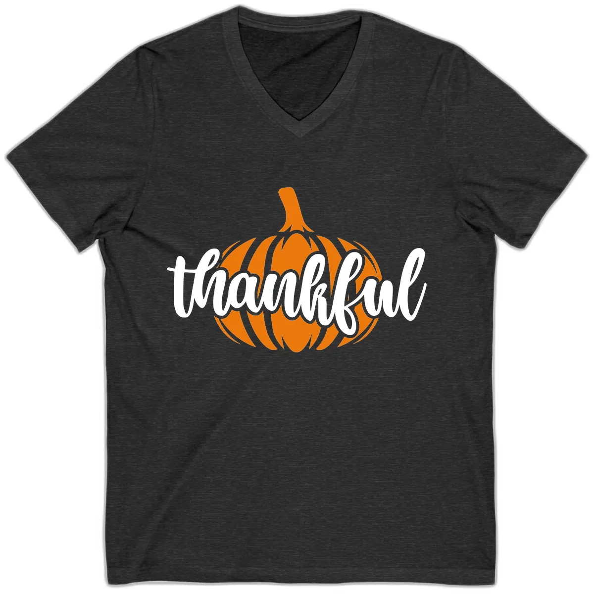 Pumpkin Patch Thankful Typography V-Neck in Dark Grey Heather