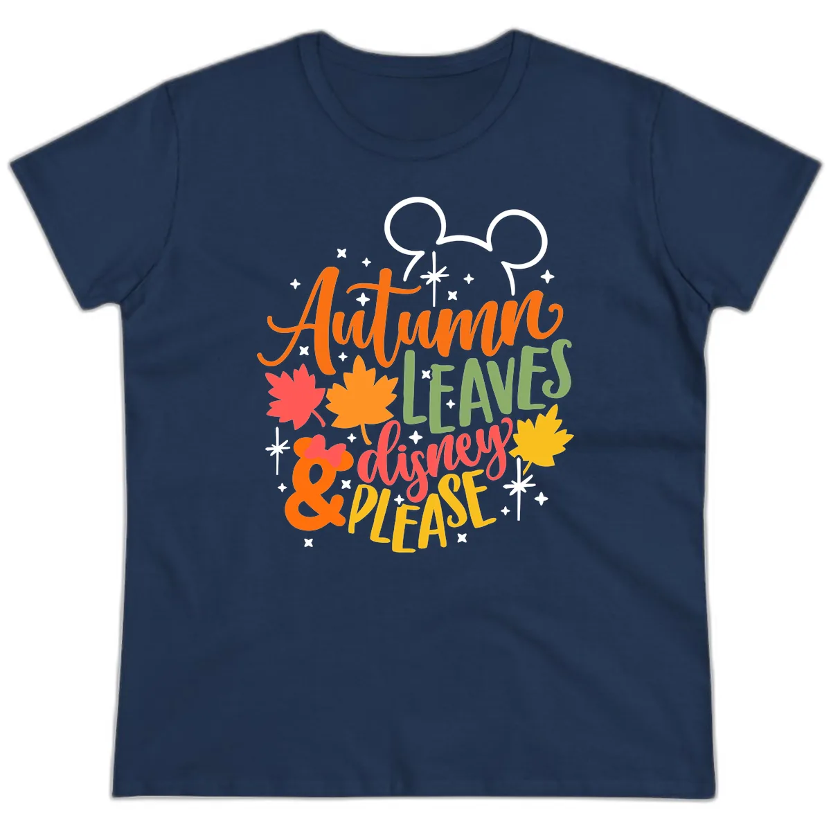 Autumn Leaves Disney Please Design Ladies Tee in Navy