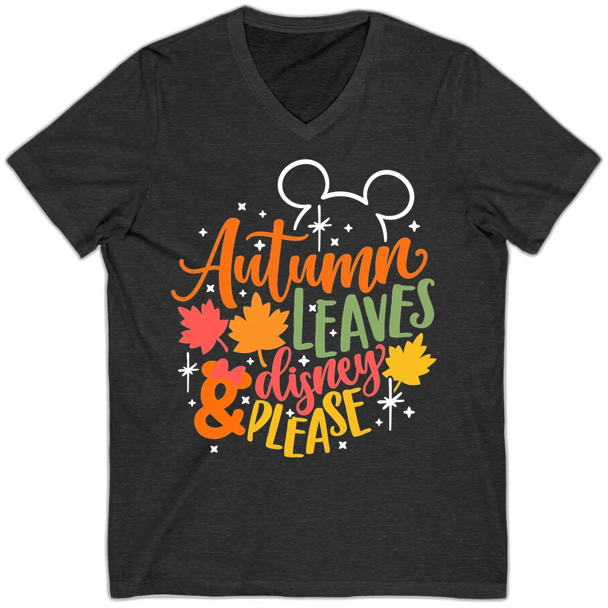 Autumn Leaves Disney Please Design V-Neck in Dark Grey Heather