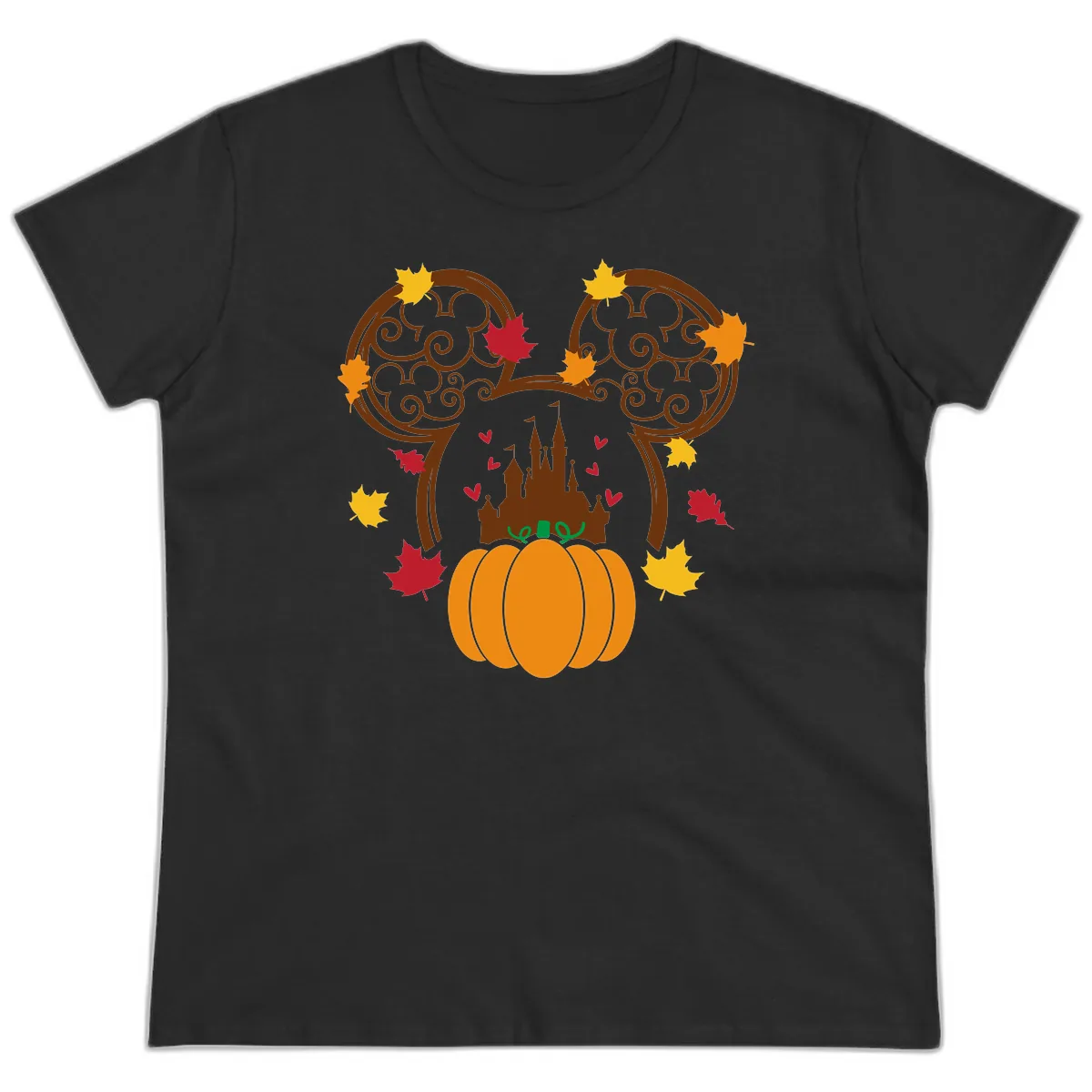Mickey Pumpkin Castle Fall Design Ladies Tee in Black