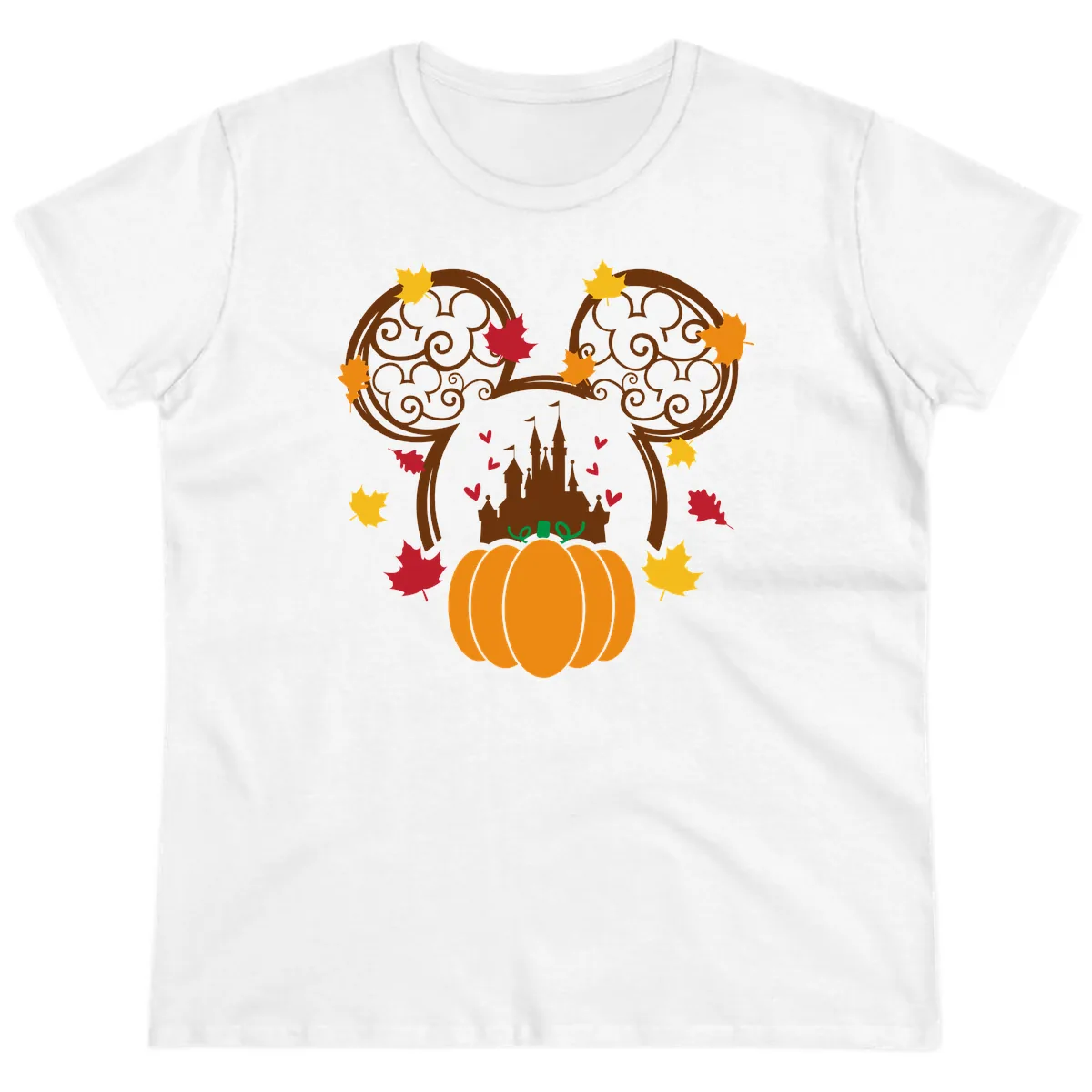 Mickey Pumpkin Castle Fall Design Ladies Tee in White