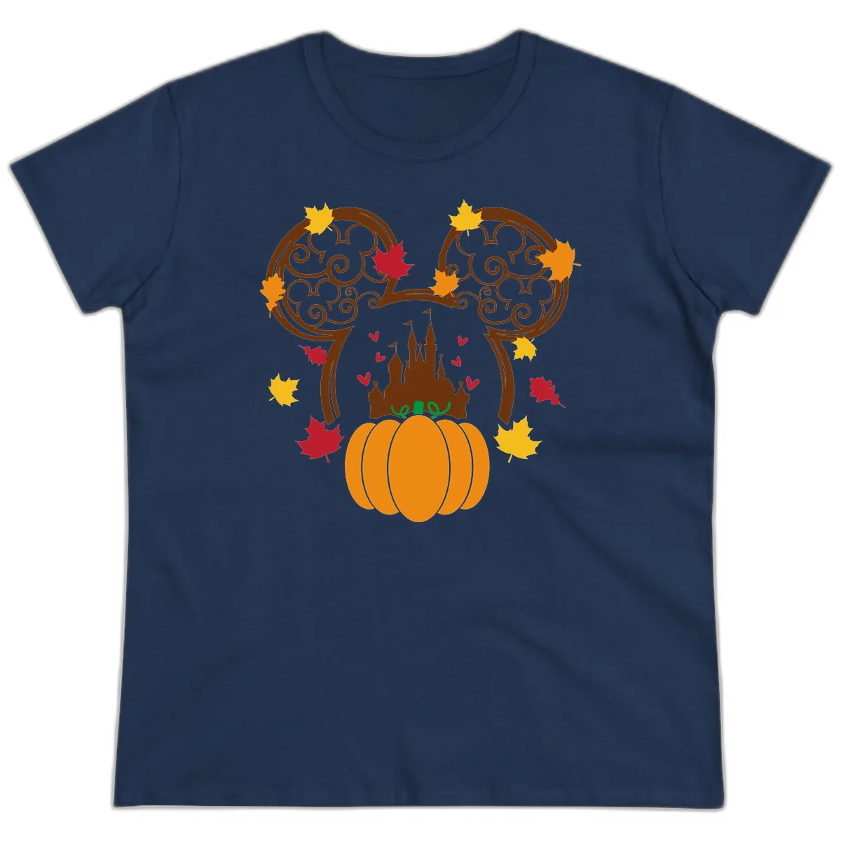 Mickey Pumpkin Castle Fall Design Ladies Tee in Navy