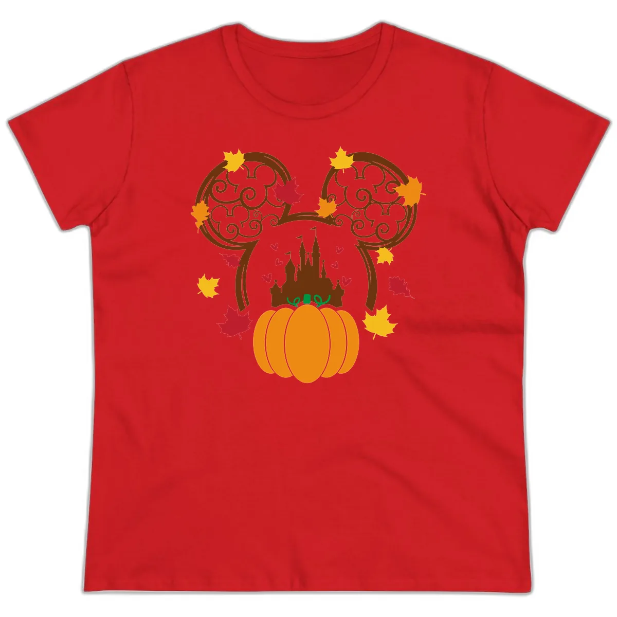 Mickey Pumpkin Castle Fall Design Ladies Tee in Red
