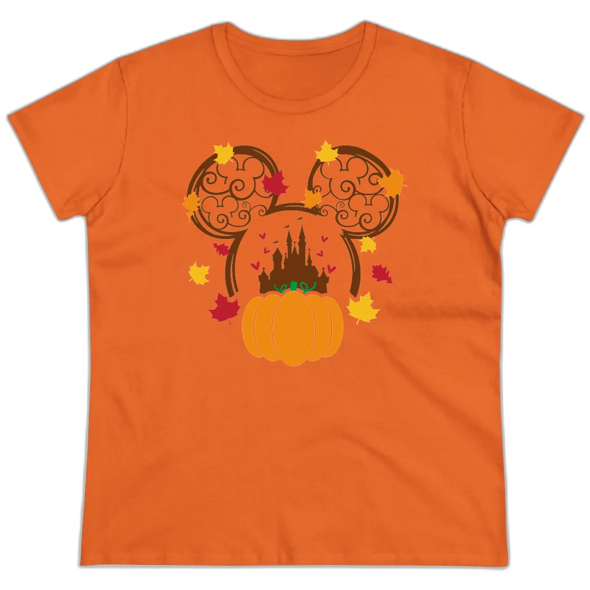 Mickey Pumpkin Castle Fall Design Ladies Tee in Orange
