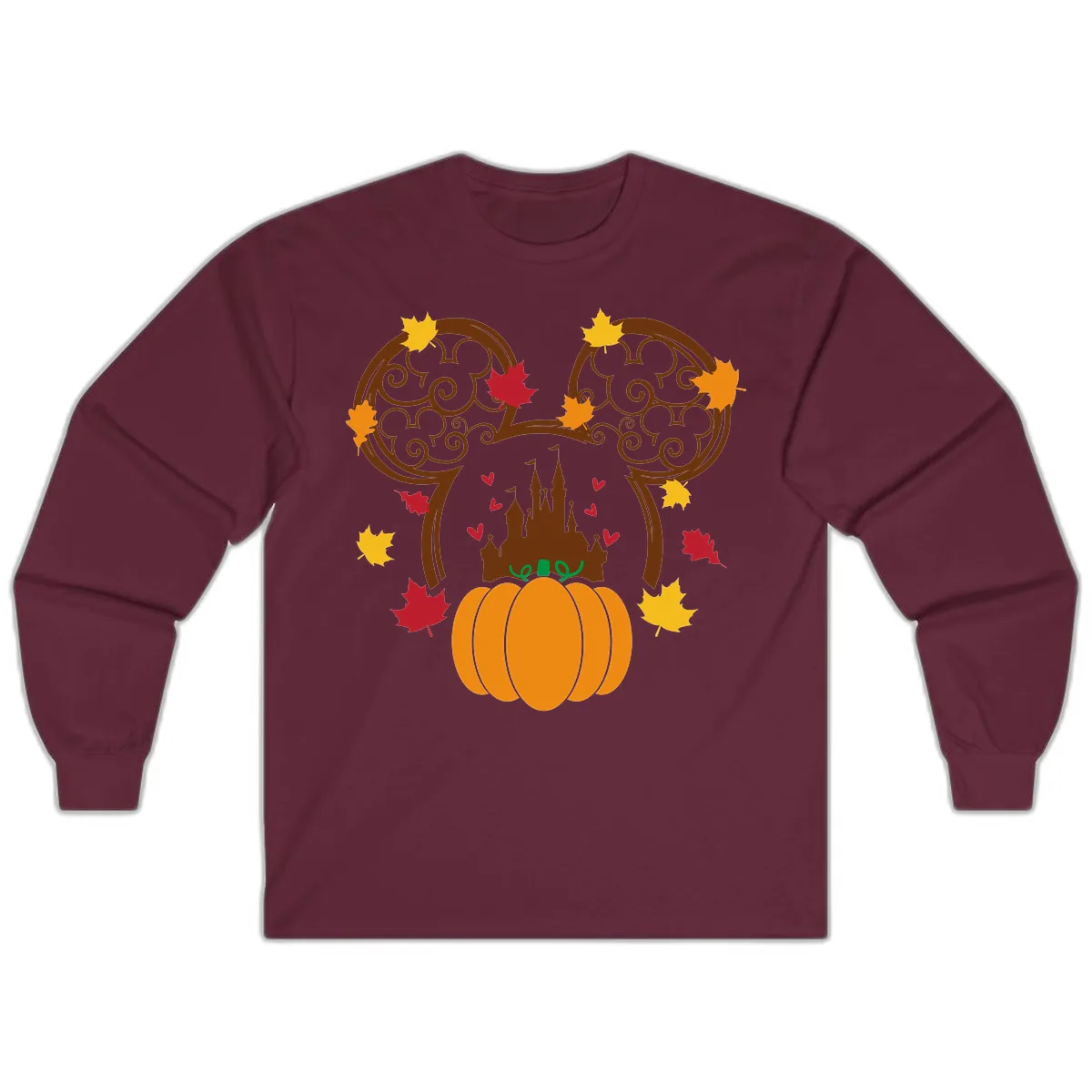 Mickey Pumpkin Castle Fall Design Long Sleeve in Maroon