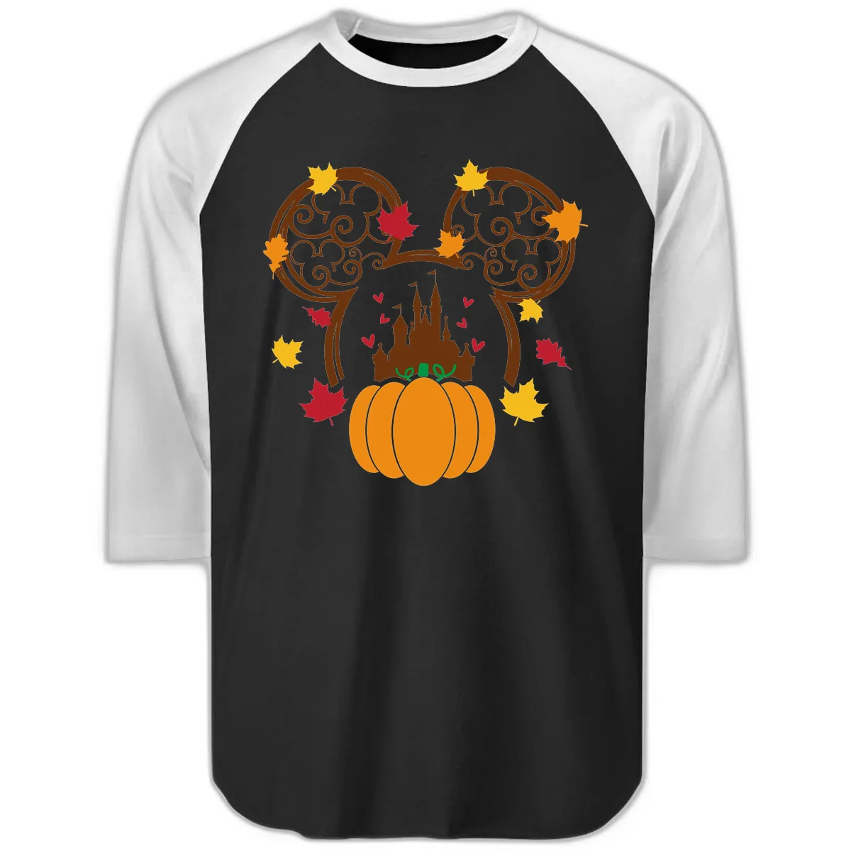 Mickey Pumpkin Castle Fall Design Raglan 3/4 in Black White