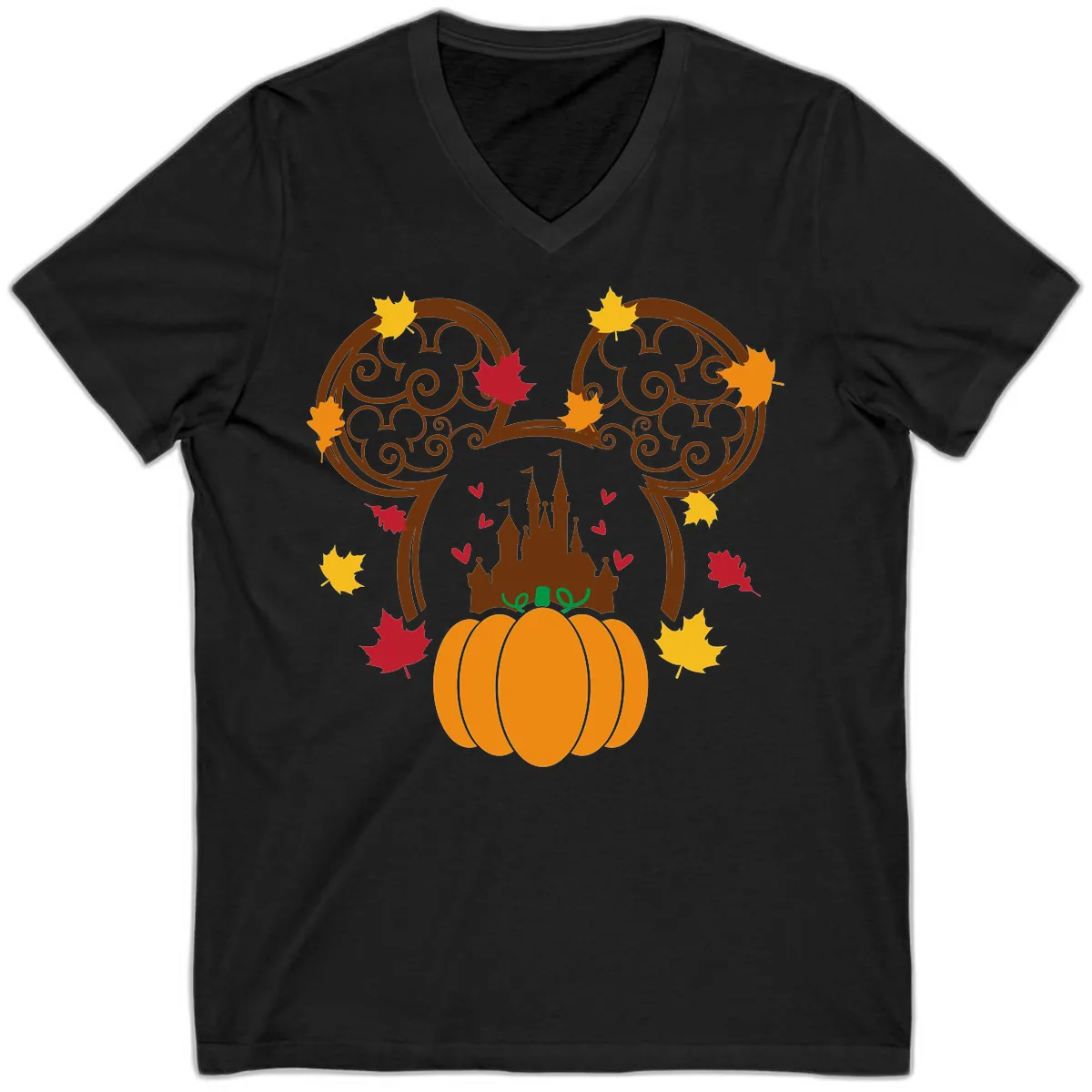 Mickey Pumpkin Castle Fall Design V-Neck in Black