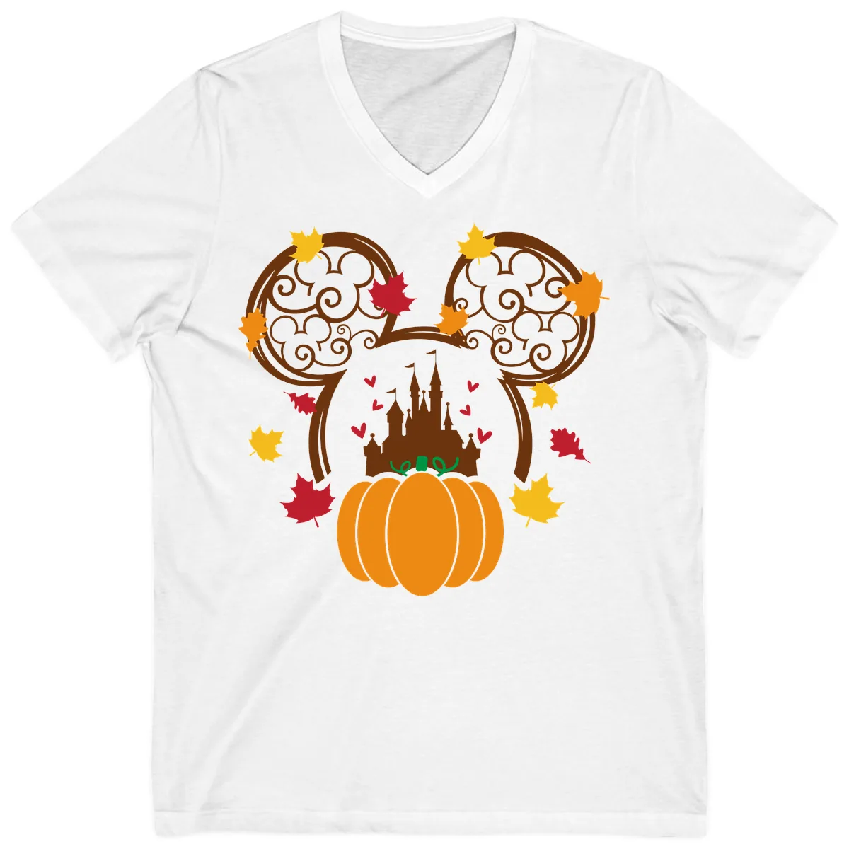Mickey Pumpkin Castle Fall Design V-Neck in White
