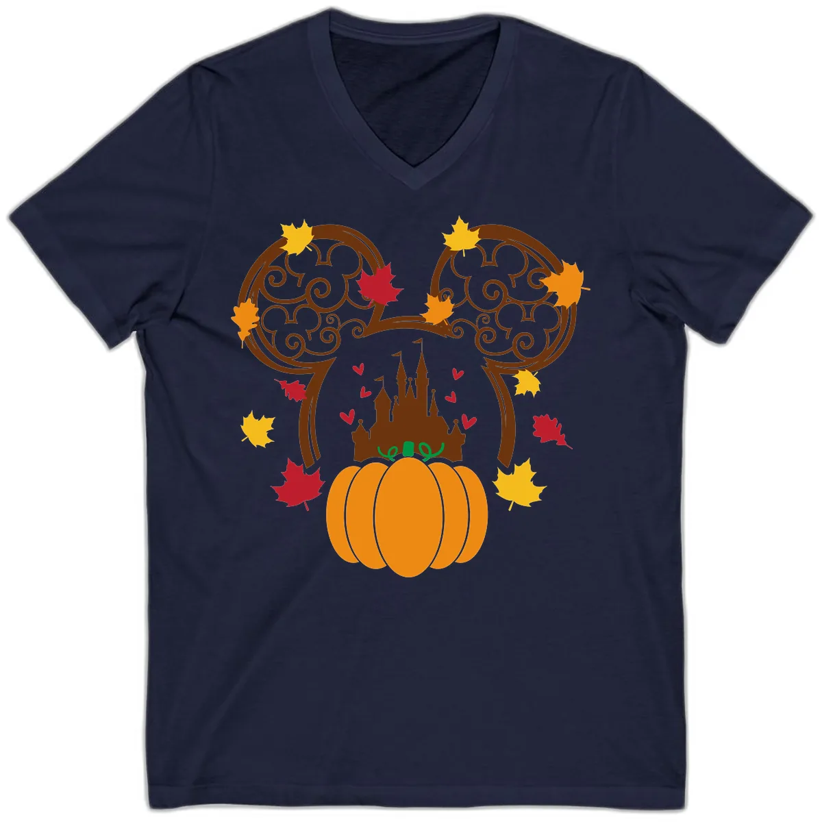 Mickey Pumpkin Castle Fall Design V-Neck in Navy